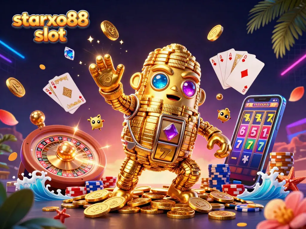 Engage with starxo88 slot as golden coins and gem-studded characters fill the scene, highlighting vibrant casino action.