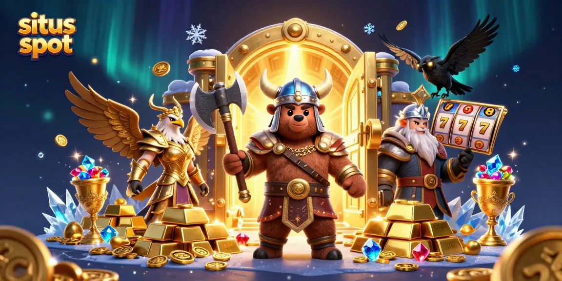 Gambarkan situs slot dengan beruang Viking dan elang Valkyrie di tengah tumpukan emas dan perhiasan