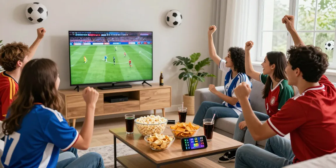 Group of friends watching live football on موقع IHD Sports with spirited decorations and snacks.