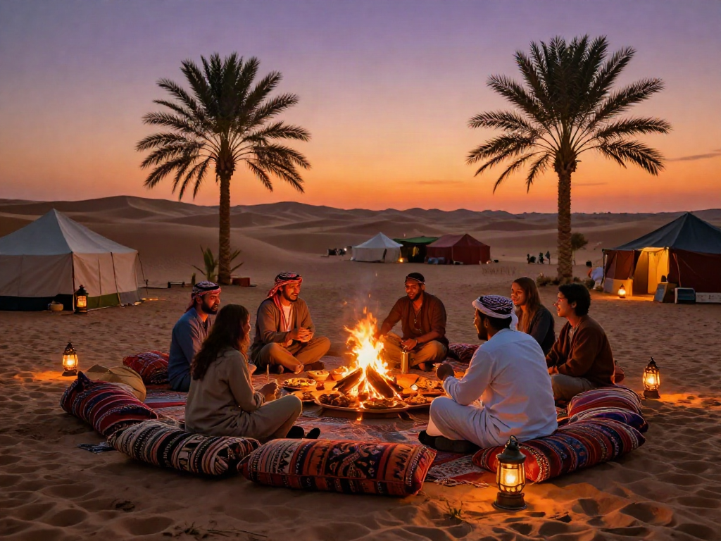 Gathering around a campfire at a desert oasis, exploring slot gacor 4d themed adventures with warm ambiance and vibrant culture.