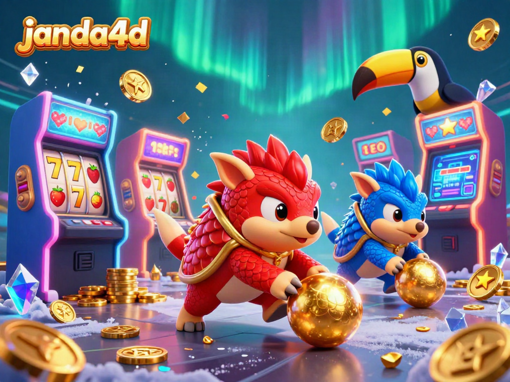 Rival pangolin bermain game slot di janda4d sambil meluncurkan bola emas dan dikelilingi mesin arcade berwarna-warni.
