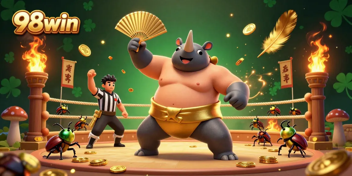Experience thrilling wins with 98win in a dynamic scene featuring a rhinoceros beetle sumo champ and cricket referee.