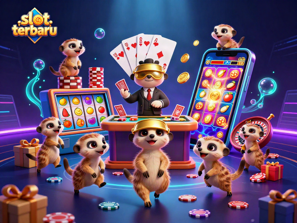 Experience slot terbaru illustrated by meerkats running a vibrant casino with dynamic game elements.