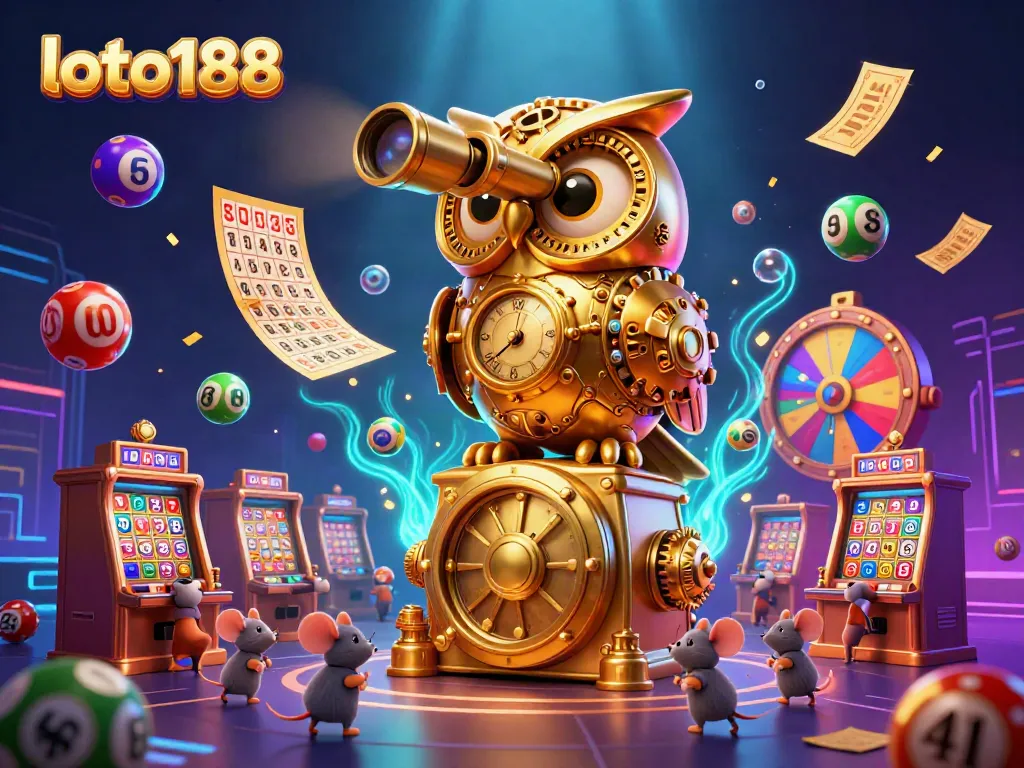 Engage in exciting loto188 gaming with a golden owl scanning vibrant casino action amidst lottery elements.