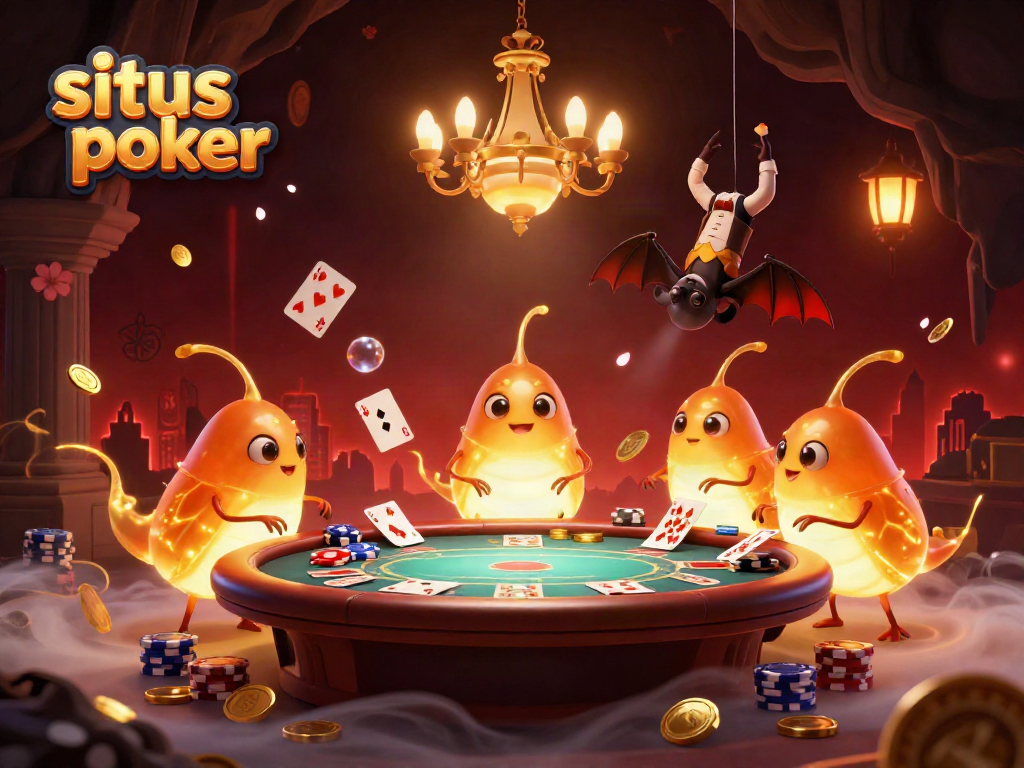 Permainan poker di situs poker dengan suasana penuh warna, chip dan kartu bertebaran.