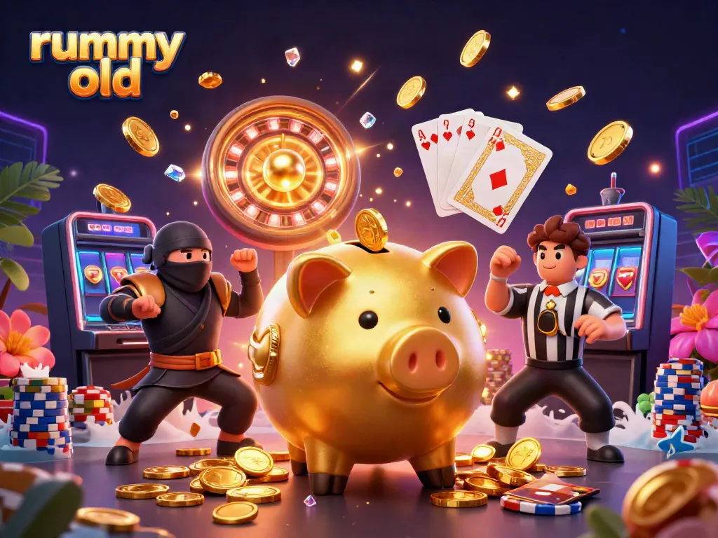 Permainan rummy old dengan karakter animasi 3D menarik dan berbagai elemen kasino yang berkilauan.