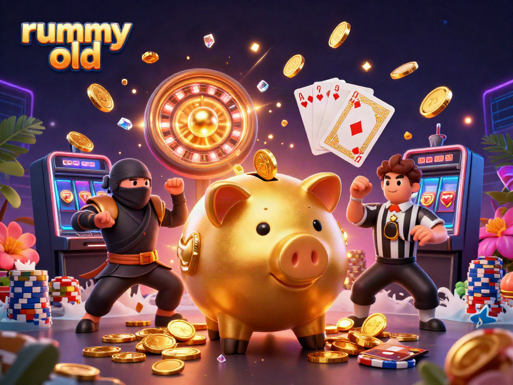 Permainan rummy old dengan karakter animasi 3D menarik dan berbagai elemen kasino yang berkilauan.