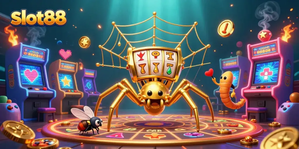 Permainan slot88 dengan laba-laba emas dan juru croupier untuk taruhan beruntung.