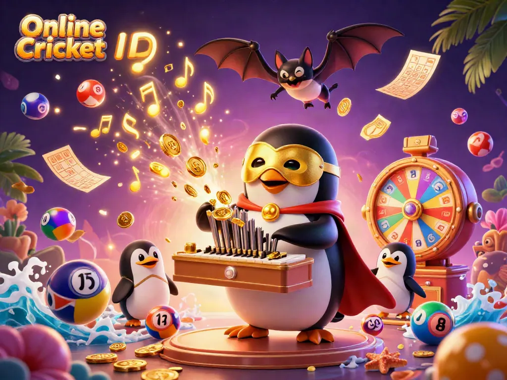 Engage with Online Cricket ID through a vibrant scene of colorful gambling elements and iconic characters.