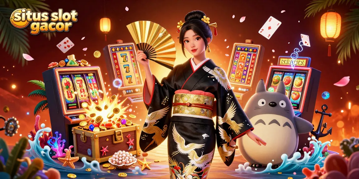Experience situs slot gacor thrills with a traditional Japanese character and dynamic casino elements in a vibrant illustration.