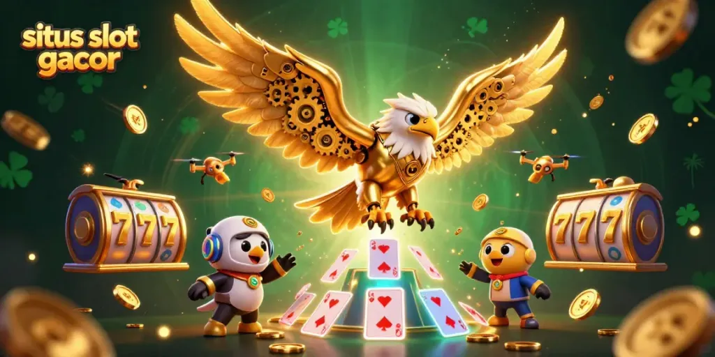 Aksi permainan situs slot gacor yang menunjukkan slot reels, jackpot, dan tokoh kartun elang emas futuristik.