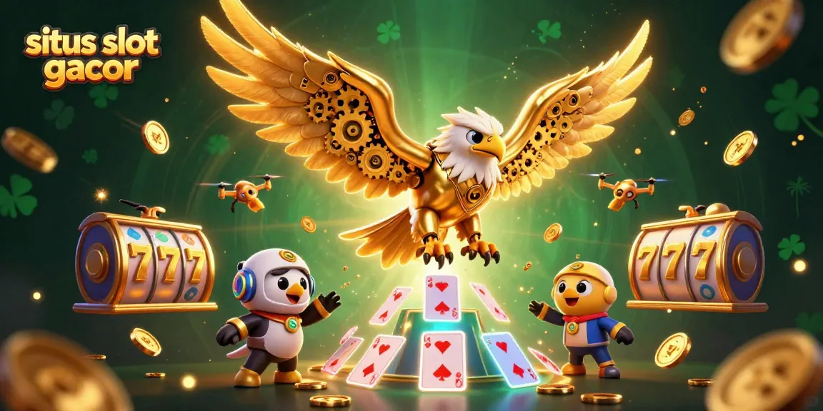 Aksi permainan situs slot gacor yang menunjukkan slot reels, jackpot, dan tokoh kartun elang emas futuristik.