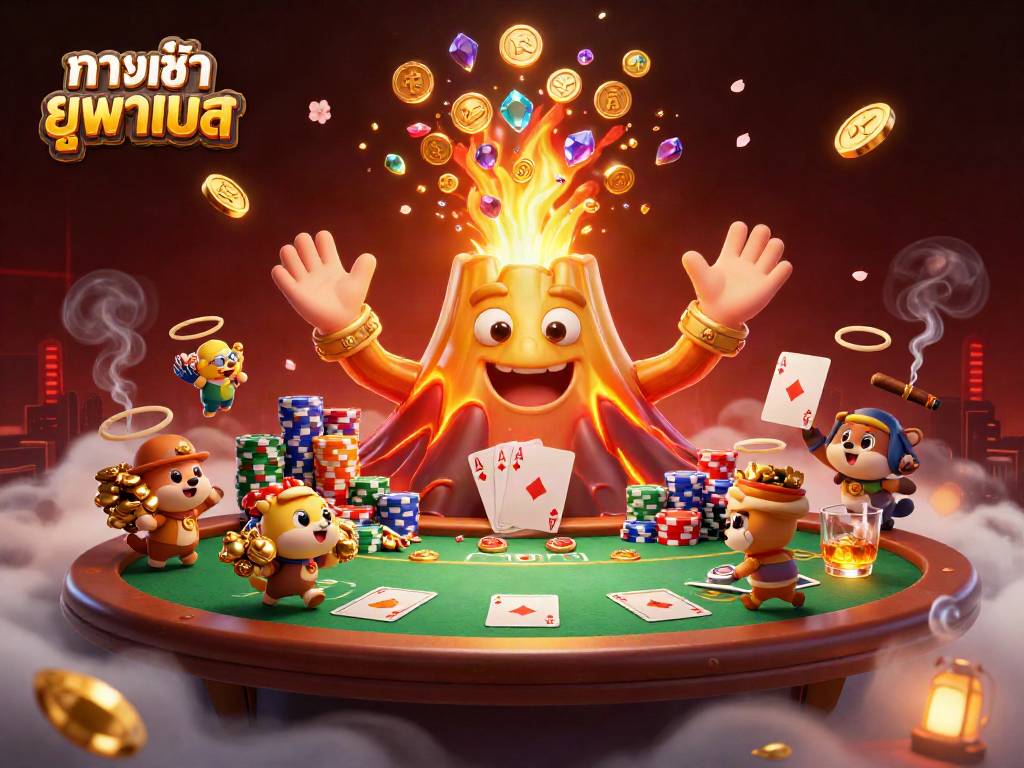 Experience the excitement of ทางเข้า ยูฟ่าเบท with a dynamic scene featuring a golden volcano, poker elements, and treasure hunters.