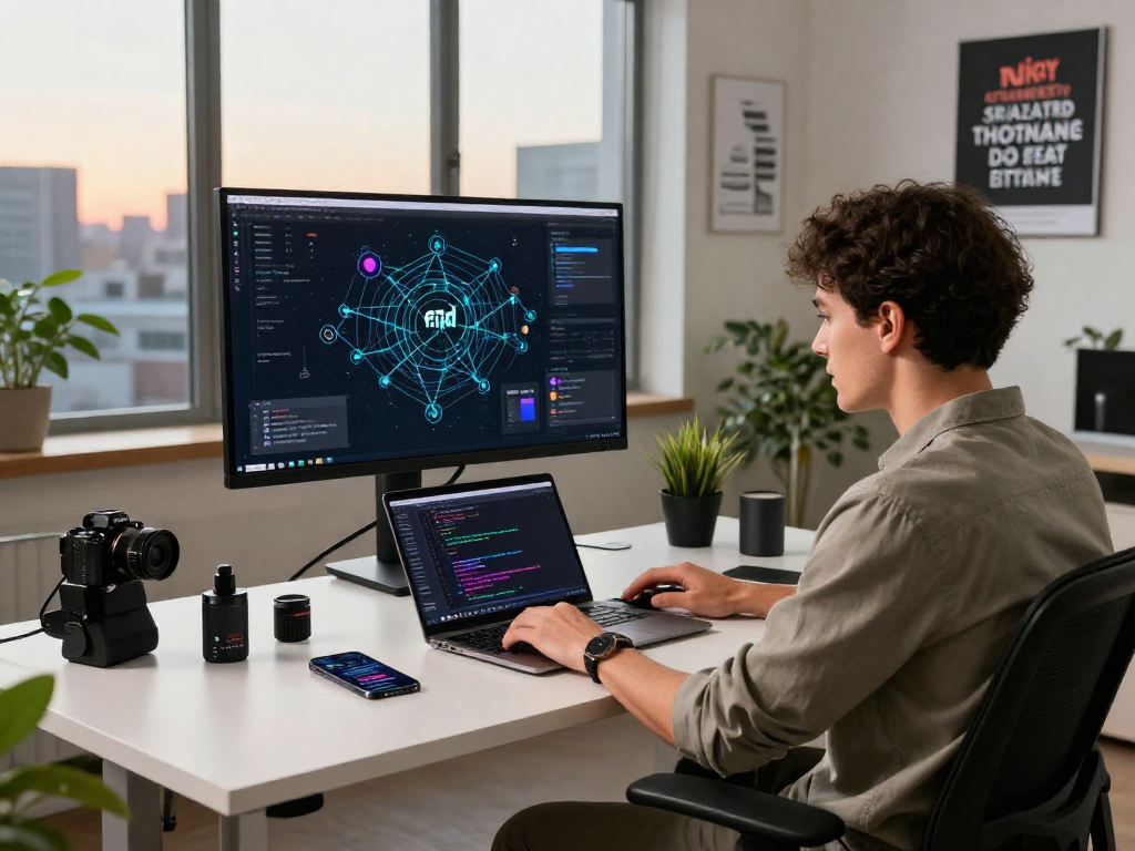 Developer memprogram teknologi wifi4d di ruang kerja modern dengan cahaya alami.