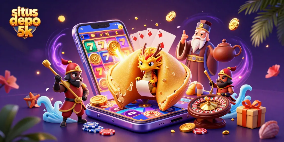 Experience the fun of situs depo 5k with a vibrant illustration of slots and golden winnings.