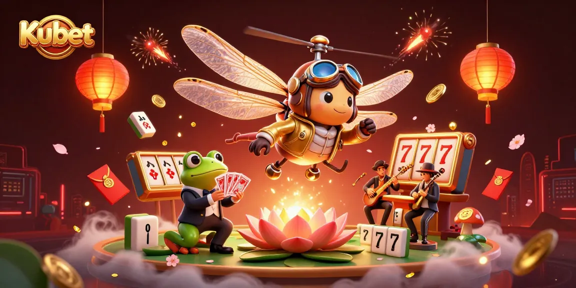 Kubet menawarkan pengalaman bermain yang menarik dengan croupier katak dan pesawat helikopter dalam ilustrasi kasino.