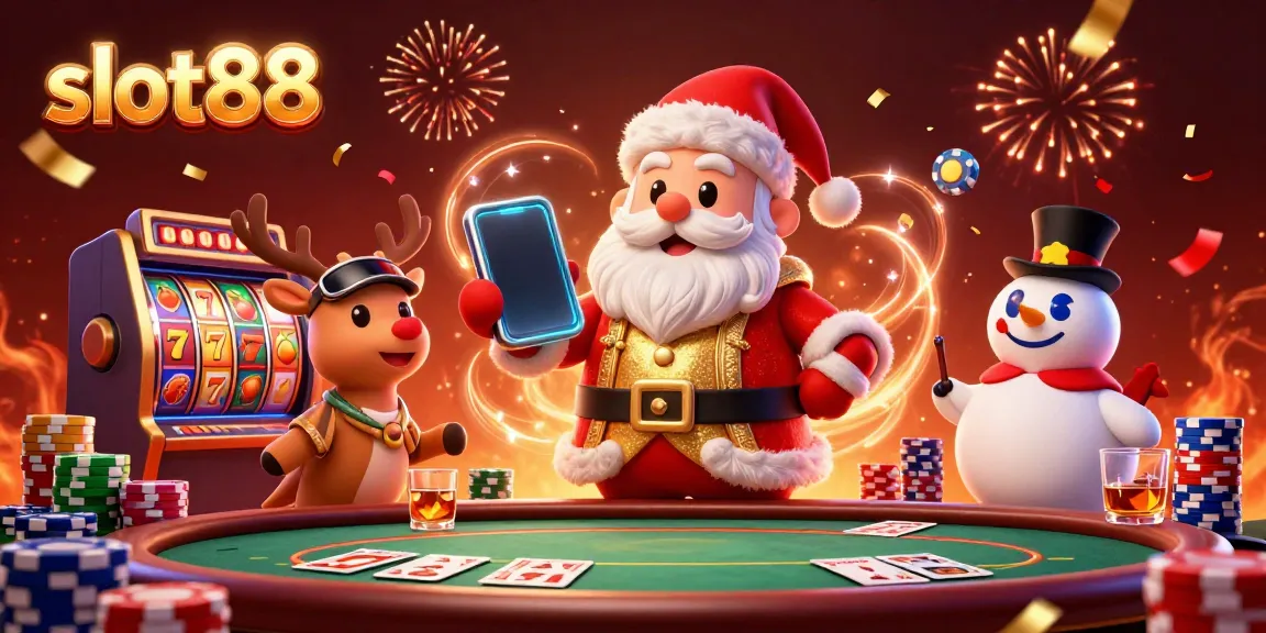 Permainan slot88 yang mengasyikkan dengan karakter Santa dan teman-temannya di kasino meriah.