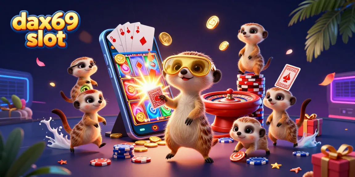 Dapatkan bonus dan kemenangan di dax69 slot dengan ilustrasi kasino yang menghibur dari meerkat kartun.