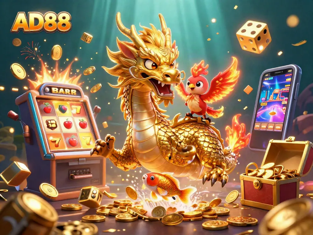 AD88 slots and gaming visual featuring a dragon, phoenix, and koi fish amidst dynamic casino elements.