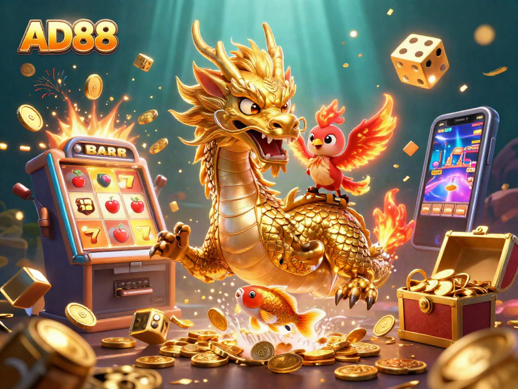 AD88 slots and gaming visual featuring a dragon, phoenix, and koi fish amidst dynamic casino elements.