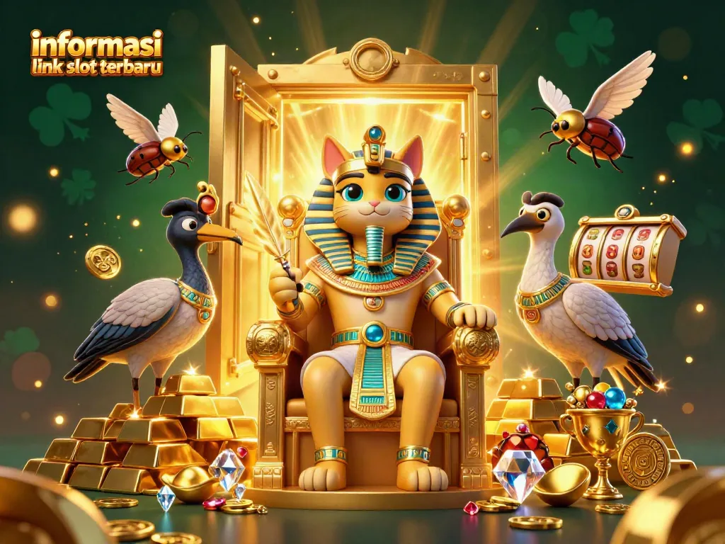 Gambarkan informasi link slot terbaru dengan simbol slot dan harta karun bertaburan di sekitar karakter 3D yang ceria.