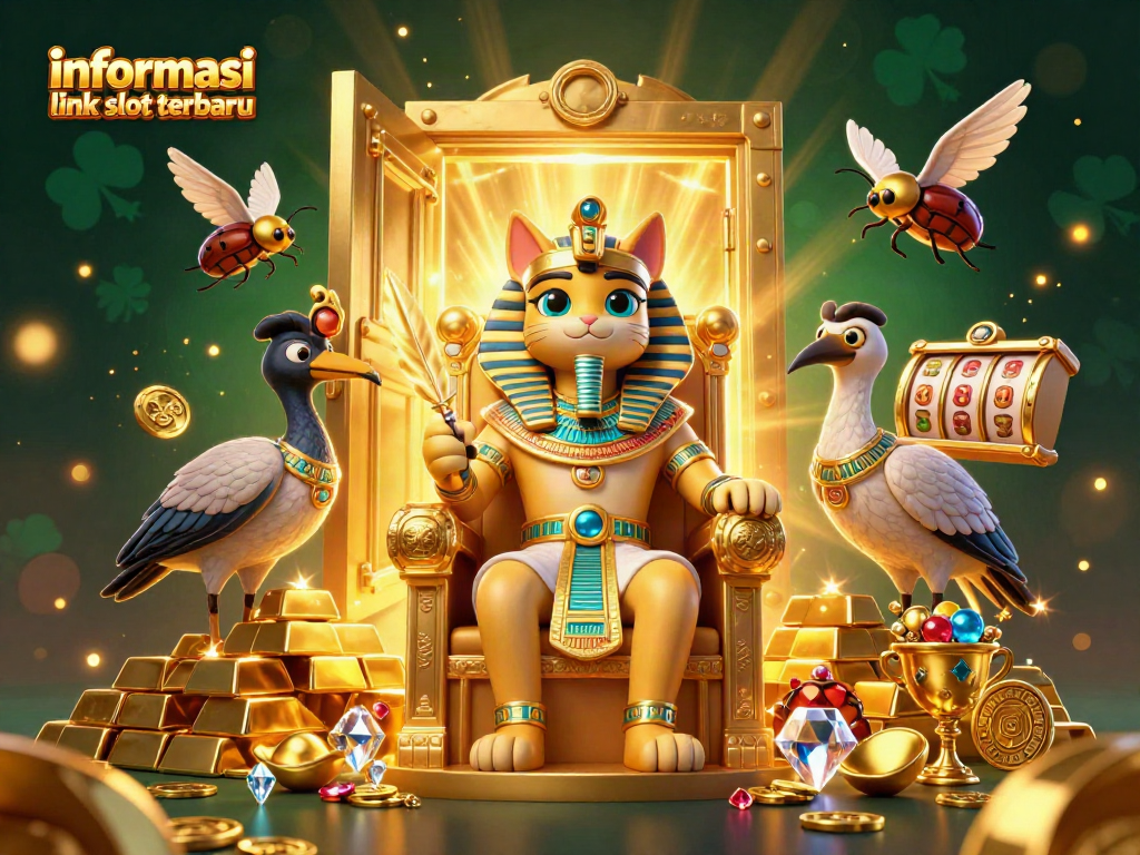 Gambarkan informasi link slot terbaru dengan simbol slot dan harta karun bertaburan di sekitar karakter 3D yang ceria.