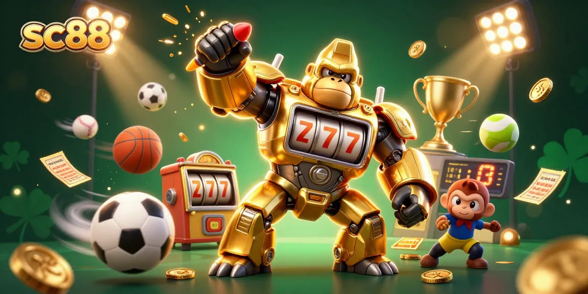 Experience the excitement of sc88 with a dynamic 3D illustration showcasing a golden gorilla mech amidst vibrant casino elements.
