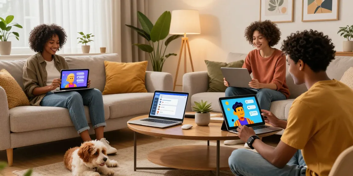Users engaging with crushon AI chatbots in a cozy living room, showcasing vibrant digital interaction.