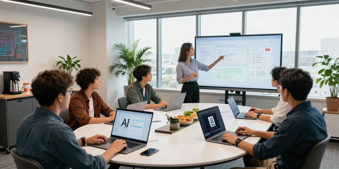 Diverse team collaborating on AI tools 2026 in a modern workspace, showcasing laptops and digital whiteboard.
