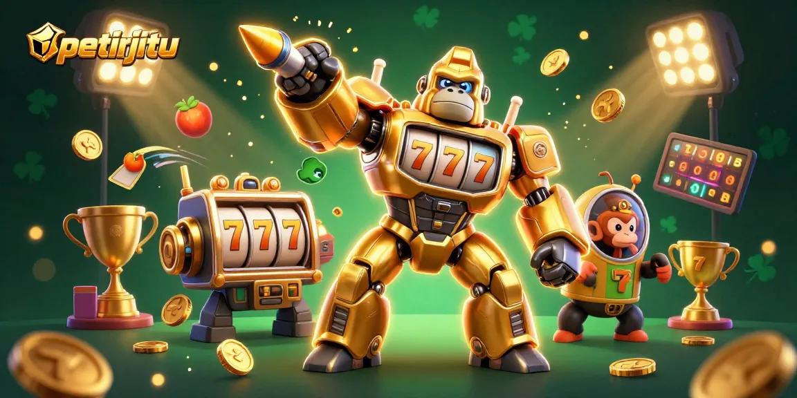 Petirjitu menghadirkan ilustrasi 3D kartun berisi siap-siap menang di mesin slot emas yang penuh dengan simbol keberuntungan.