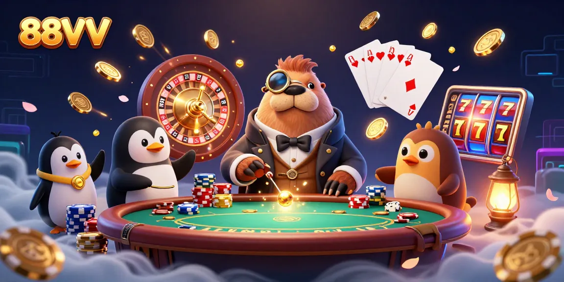88VV showcases a vibrant underwater casino scene with a walrus and dealer engaging at a poker table.