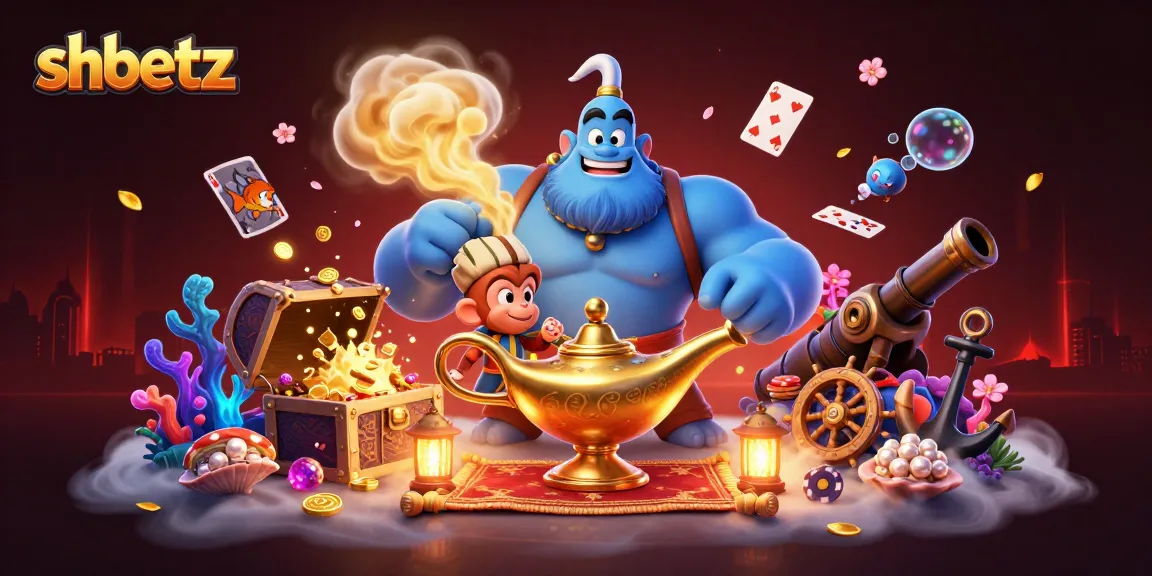 Experience shbetz with a vibrant 3D illustration of a genie, monkey, and poker elements in a dazzling casino scene.