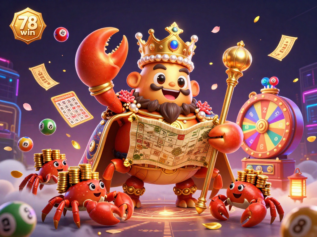 Engage with the vibrant 78 win gaming experience featuring a golden crab emperor and lottery action.