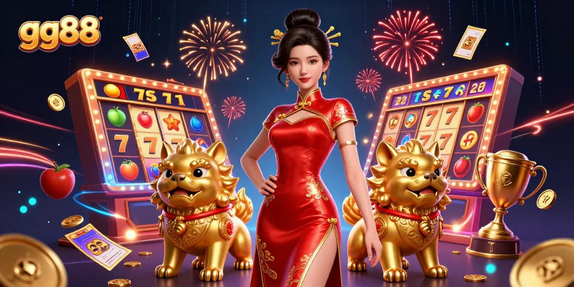 Engage with GG88's vibrant online casino experience featuring dynamic slot reels and lucky symbols.
