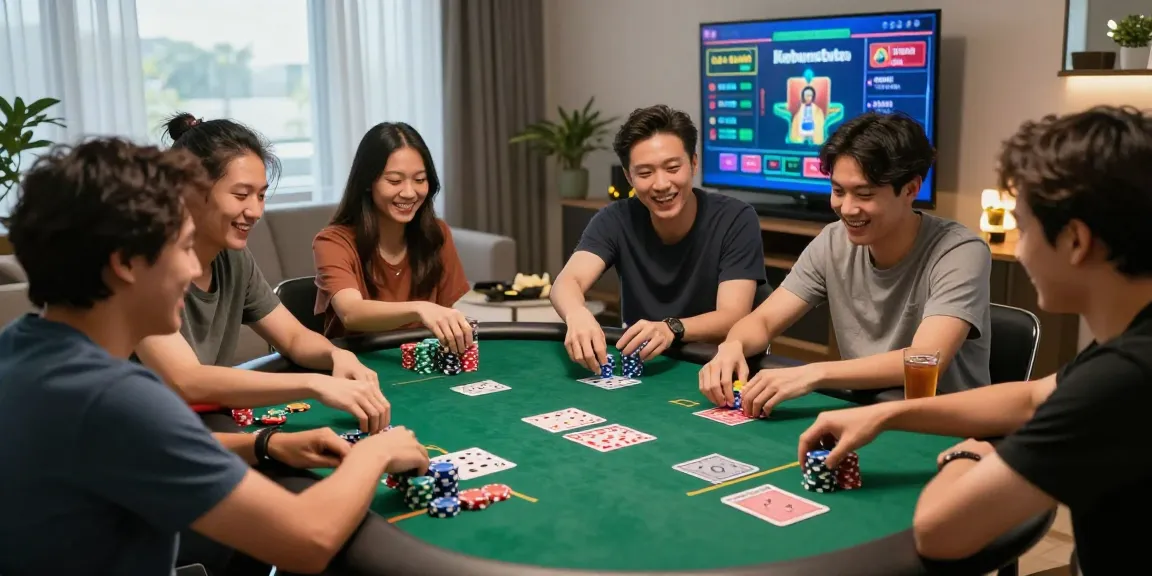 Friends enjoying a lively kebuntoto gaming night with cards and snacks.