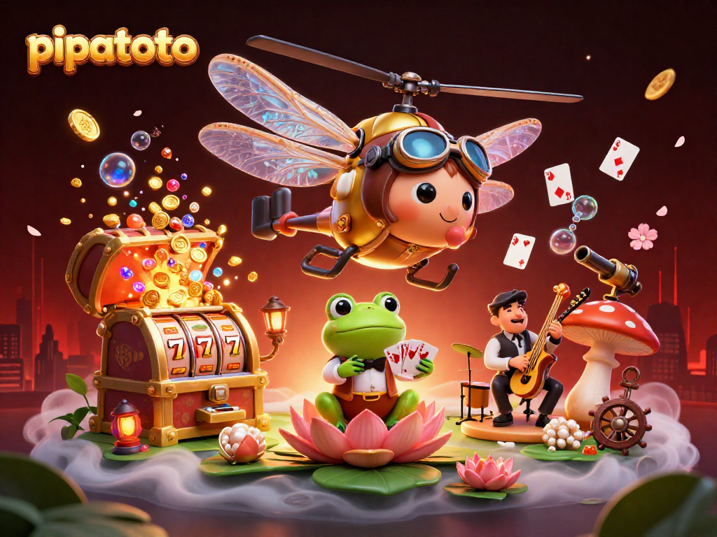 Engage with pipatoto's vibrant casino scene featuring a dragonfly pilot and a frog croupier.