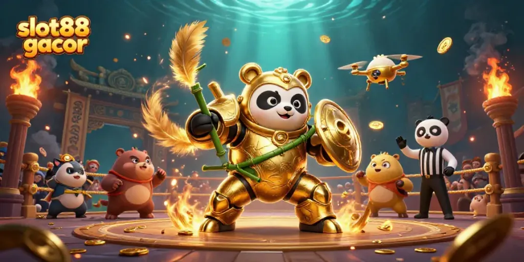 Slot88 gacor menghadirkan ilustrasi robot panda berperang dalam arena permainan slot yang megah.