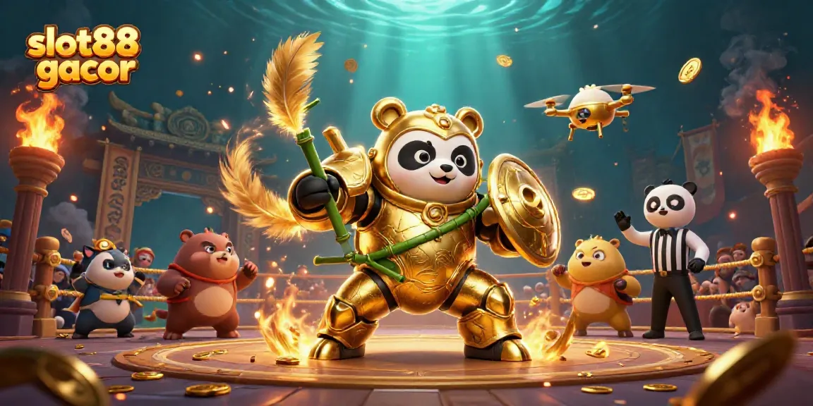 Slot88 gacor menghadirkan ilustrasi robot panda berperang dalam arena permainan slot yang megah.