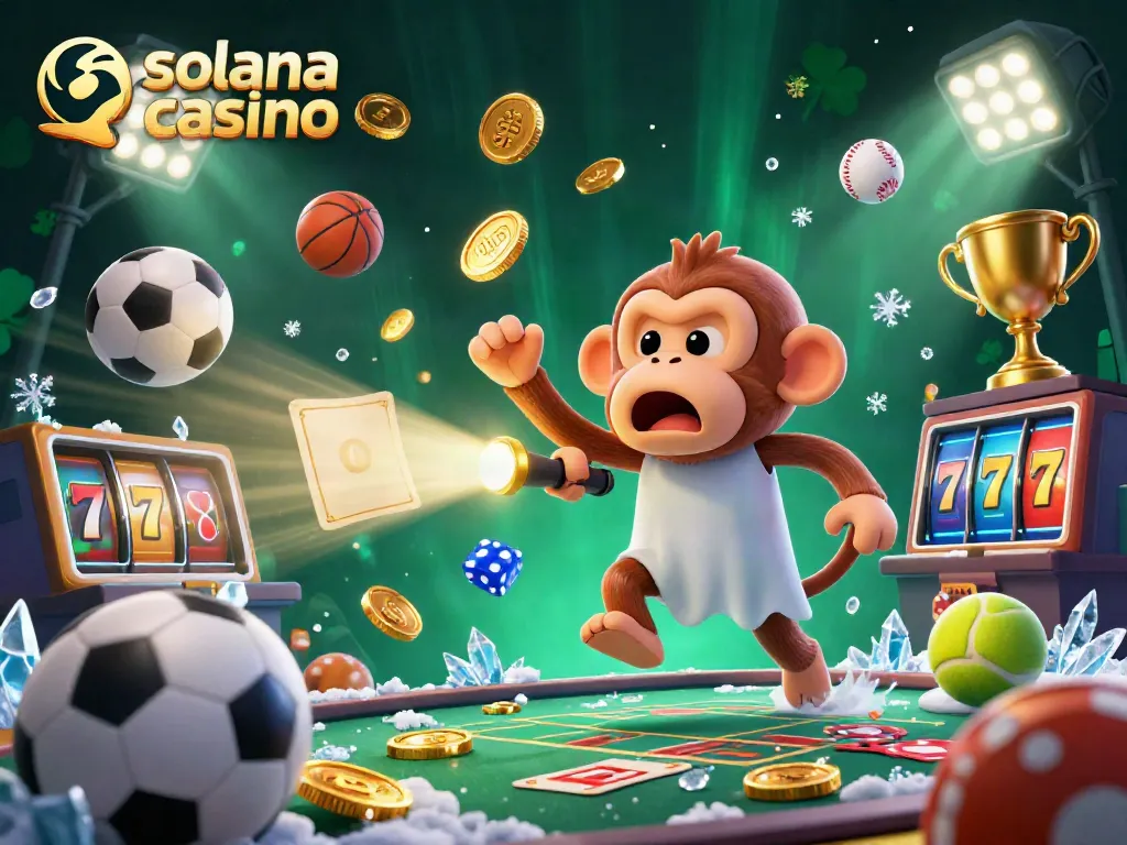 Engaging solana casino scene with a playful poltergeist monkey and ghost-hunter puppy amidst golden coins and dynamic game elements.