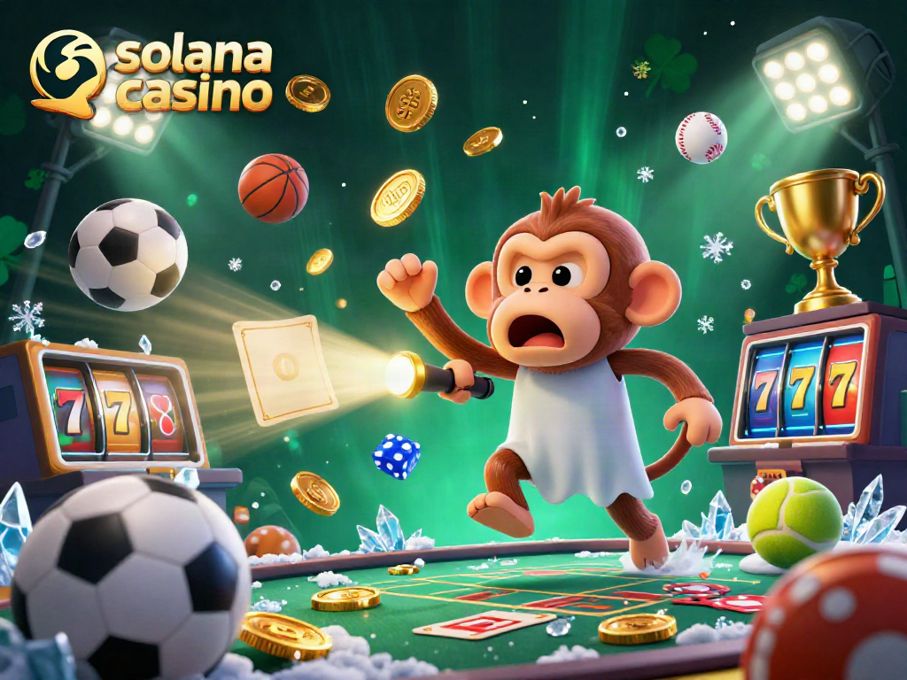 Engaging solana casino scene with a playful poltergeist monkey and ghost-hunter puppy amidst golden coins and dynamic game elements.