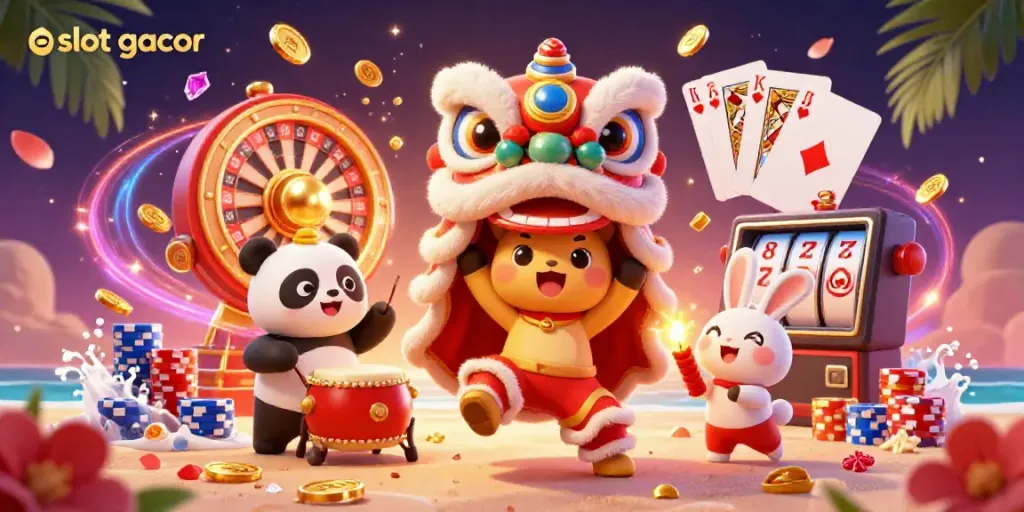 Experience excitement with slot gacor gameplay featuring lively characters and dynamic casino elements.