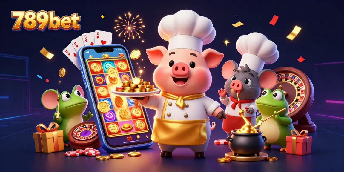 Experience thrilling slot excitement with 789bet, featuring 3D cartoon characters serving gold coins and dynamic casino elements.