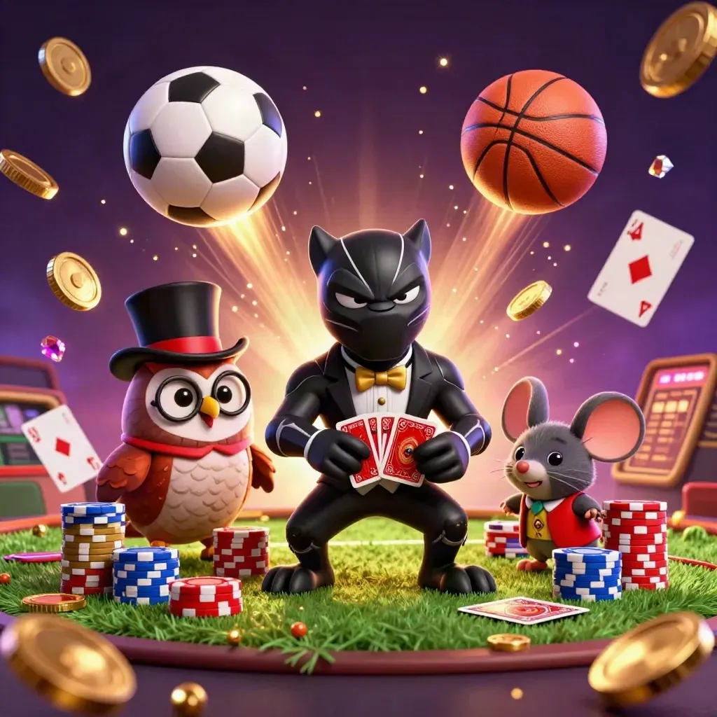 Panther, owl, and mouse amid casino chips, coins, balls, and glowing purple-gold effects.