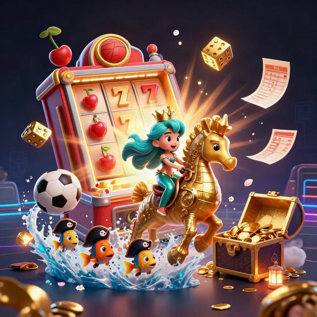 Mermaid princess on armored seahorse amid jackpot slot burst, balls, gold, and neon haze.