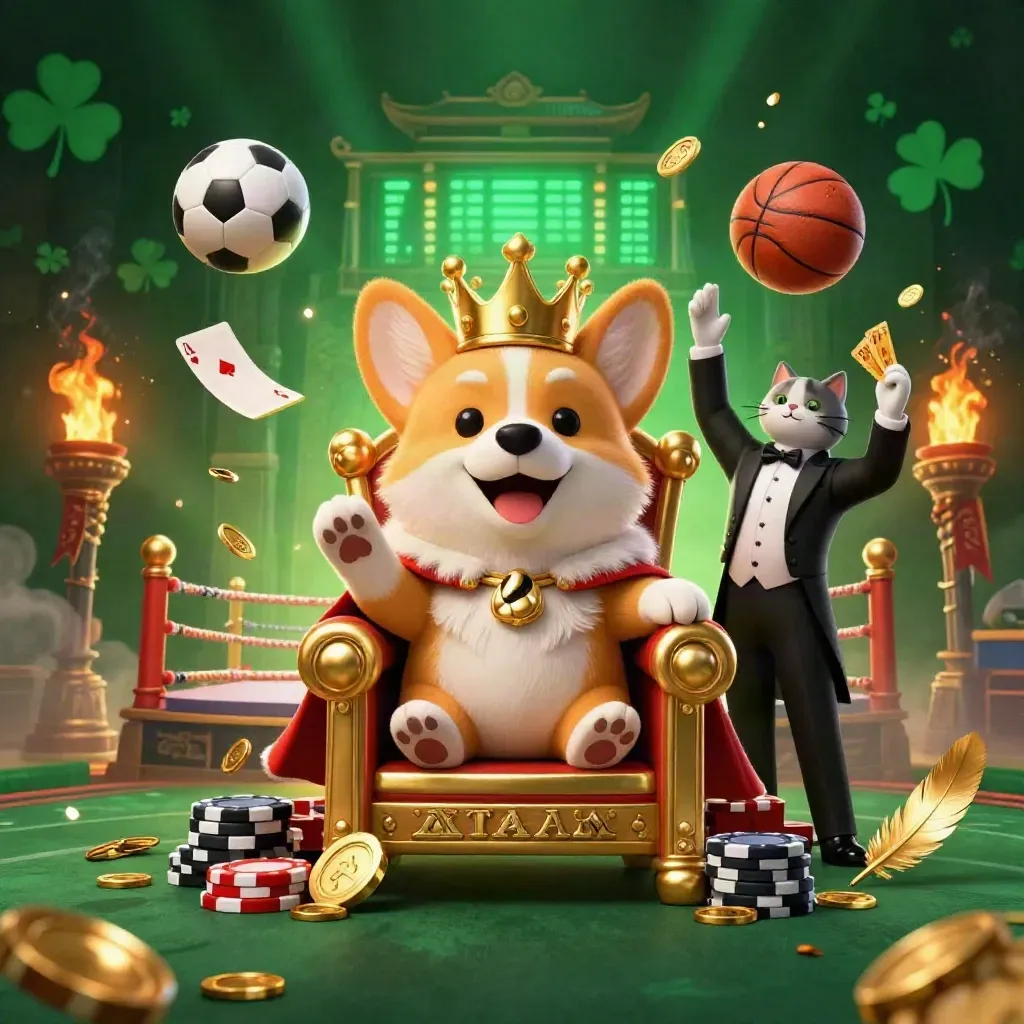 Royal corgi on chip throne, cat butler, flying sports balls, coins, temple gate, torchlight