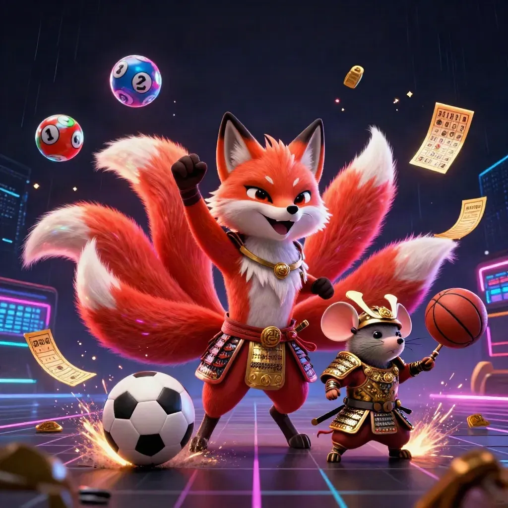 Neon fox spirit and armored mouse amid flying casino tokens and balls on a dark arena floor.
