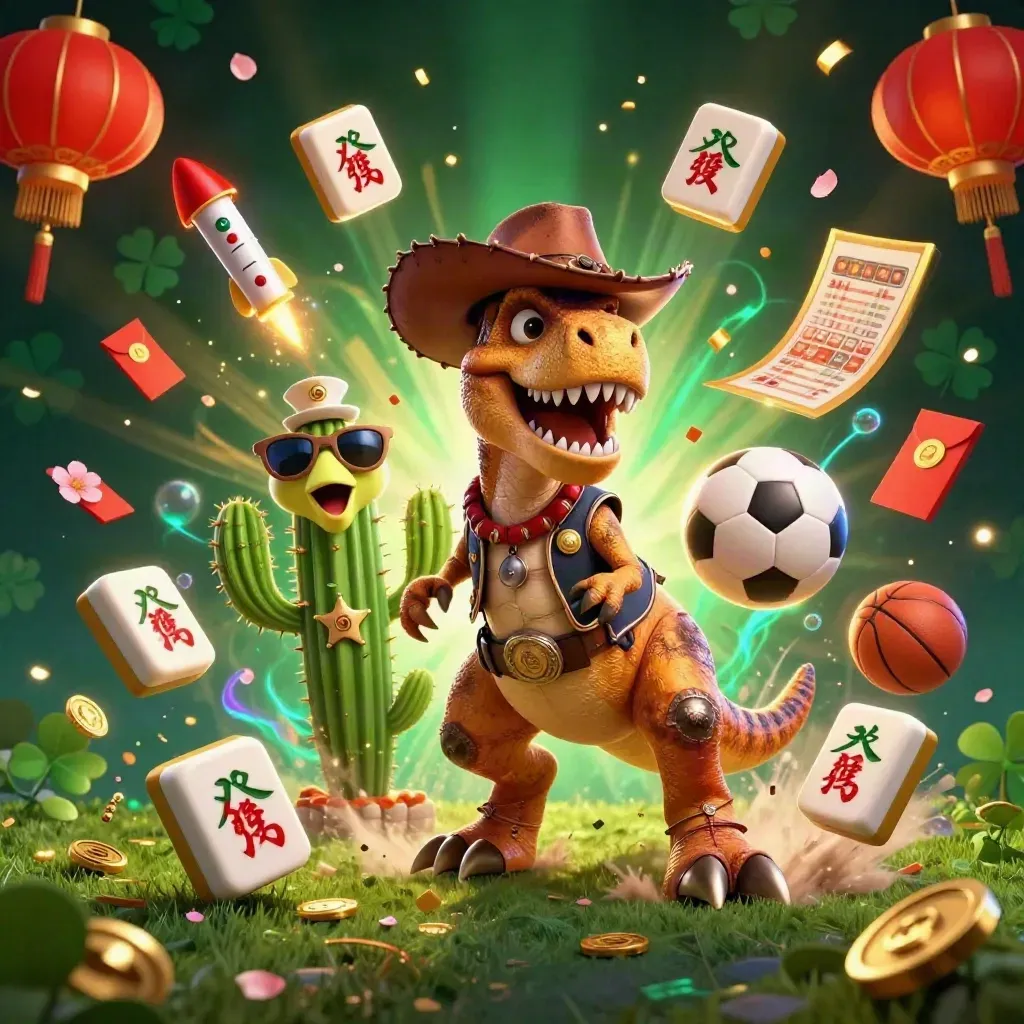 Cowboy T-Rex, cactus sidekick, and roadrunner blast through casino sports chaos and glowing coins.