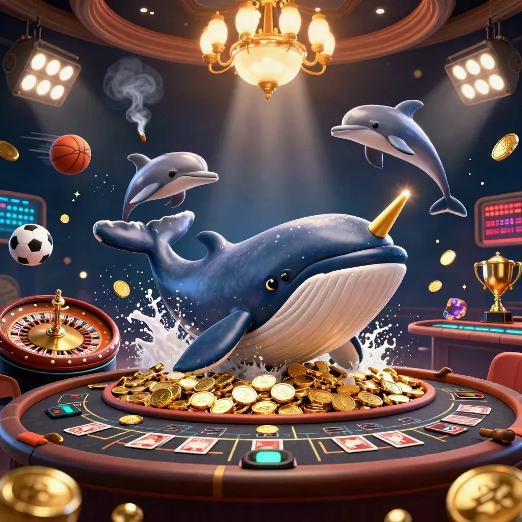 Whale captain, narwhal, and dolphins in a luxe casino scene with coins, balls, and golden lights
