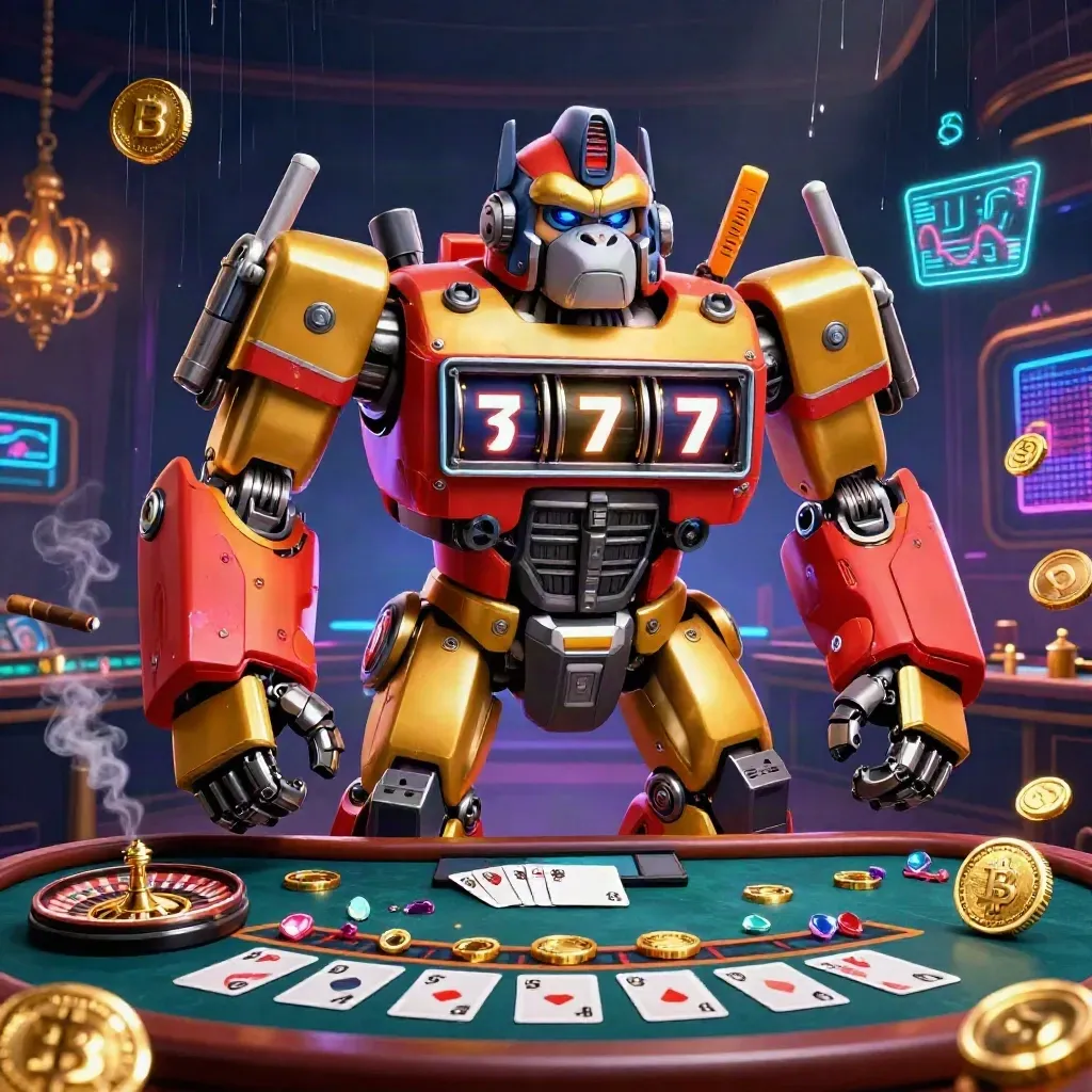 Golden gorilla mech with monkey pilot in a luxe neon casino amid roulette, coins, and holograms.