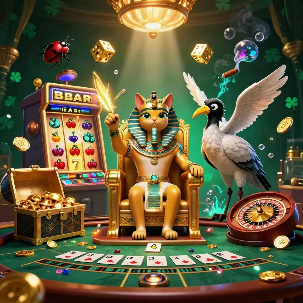 Pharaoh cat, ibis scribe and scarab beetles amid glowing casino riches in an emerald-gold hall.